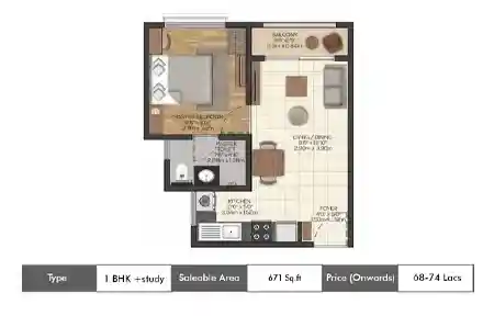 1 BHK+1T+Study-671 Sq.ft.