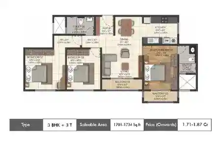 3 BHK + 3T-1701 Sq.ft.